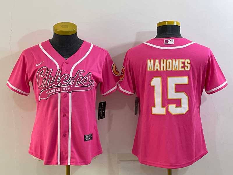 Womens Kansas City Chiefs #15 Patrick Mahomes Pink White With Patch Cool Base Stitched Baseball Jersey->women nfl jersey->Women Jersey